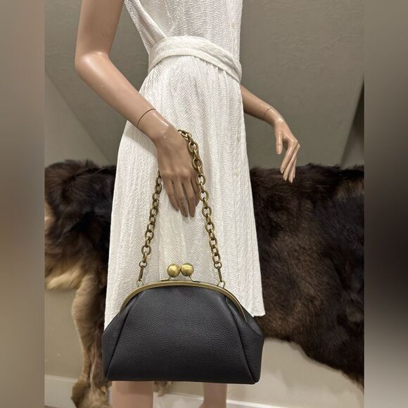 Black Togo Cowhide Leather Handmade Retro Style Kisslock Bag, Multi Use Style - Picture 9 of 16